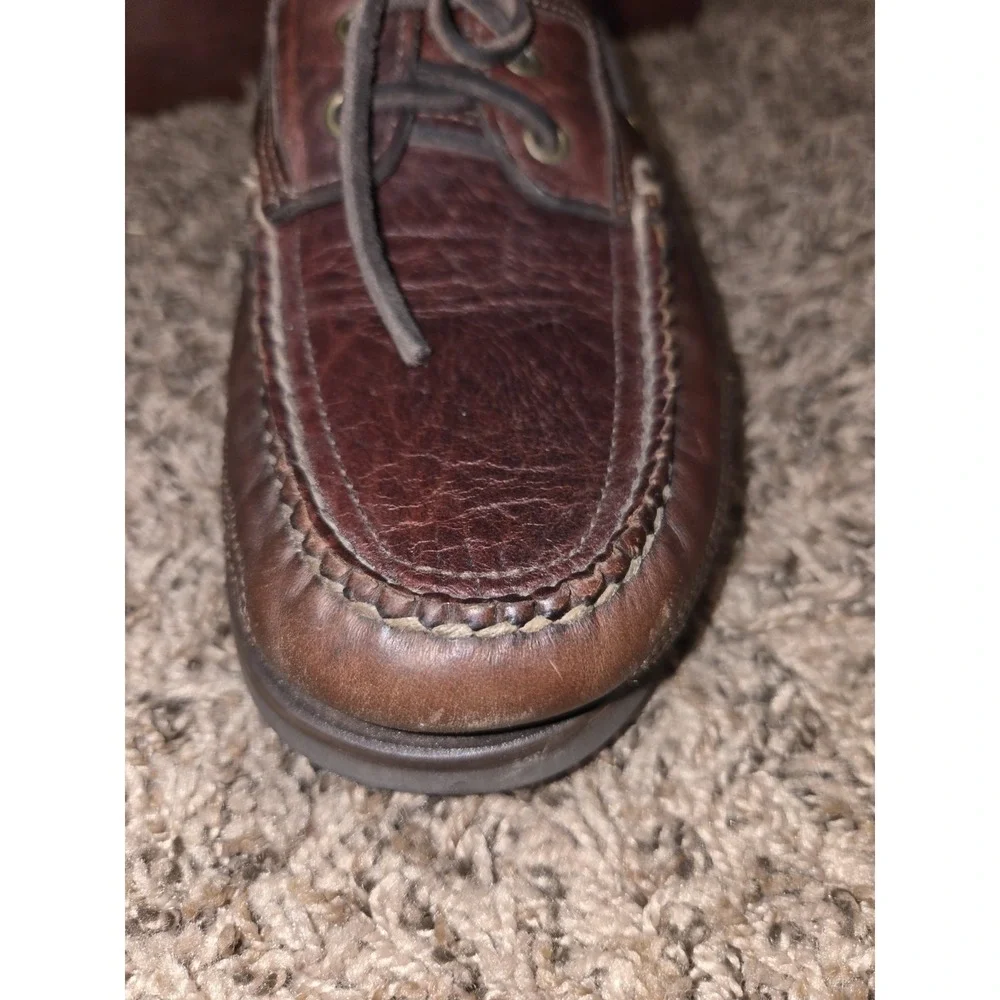 LL Bean Allagash Bison Leather Hand Sewn Boat Shoes Brown Mens Size 7 EE Wide
